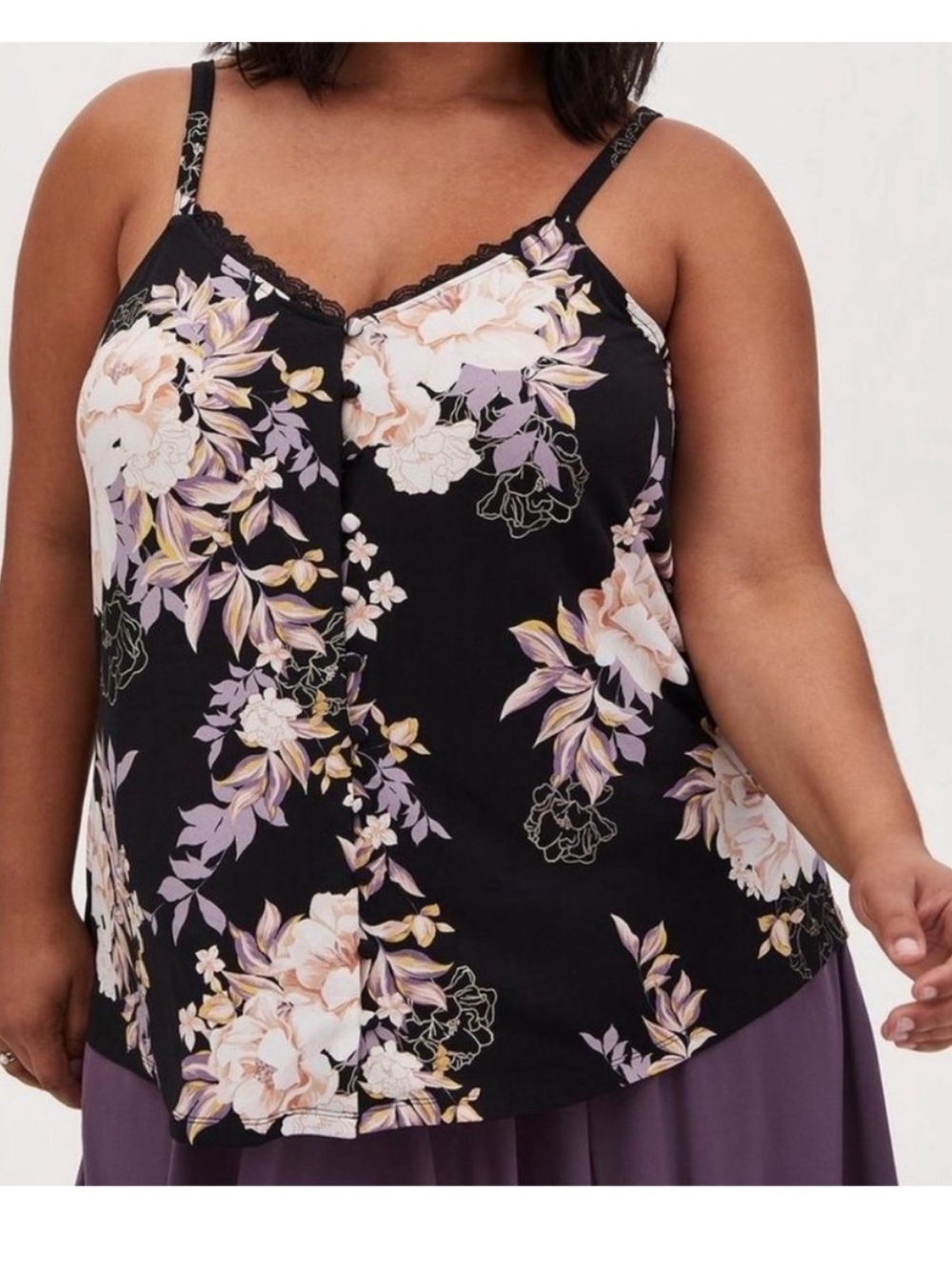 Torrid Studio Knit Lace Trim Button Front Swing Cami Black Floral- Size 1